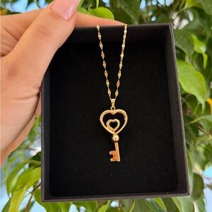 14K Solid Gold Heart Key Pendant Double Heart Love Charm 37mm
